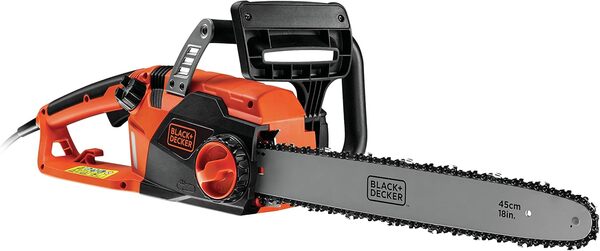 BLACK+DECKER Tronçonneuse filaire - 12,5 m/s - Réservoir de 150 ml transparent - Tendeur de chaine sans outil - Griffe 5 dents - Interrupteur double commande, Orange, 45 cm