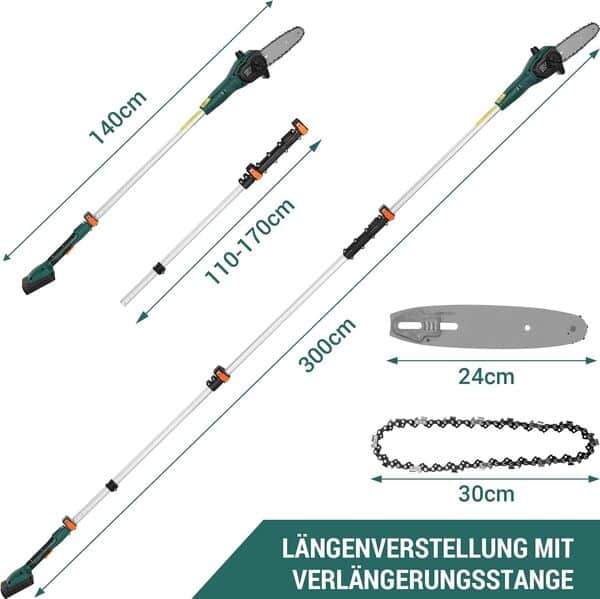 Élagueur sur Perche sans Fil, Perches Élagueuses Électrique, avec Tube d'Extension, Chargeur Rapide/Batterie Li-Ion 20 V 2,5 Ah, Vitesse de Chaîne 6m/s, Longueur de Lame 24cm, Tige en Aluminium, Léger