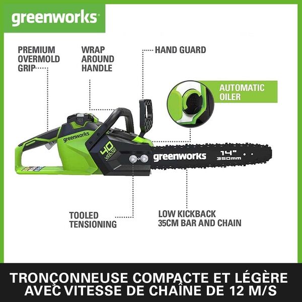 Greenworks Tronçonneuse à Batterie avec Moteur Sans Balais, Longueur Guide-Chaîne 14 Pouces (35cm), Vitesse de Chaîne 12 m/s, 3,5 kg, Anti-Rebond, 2 Batteries 40V 2Ah, Chargeur-GD40CS15K2X