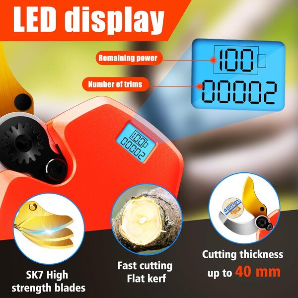 AOSTOK Sécateur électrique sans Fil, 40MM Secateur Electrique Professionnel avec Écran, SK7 Lame tranchante, avec 2 x 2.0Ah Batteries, Sécateur sans Fil pour pour Jardinage, Vigne, Arbre fruitier