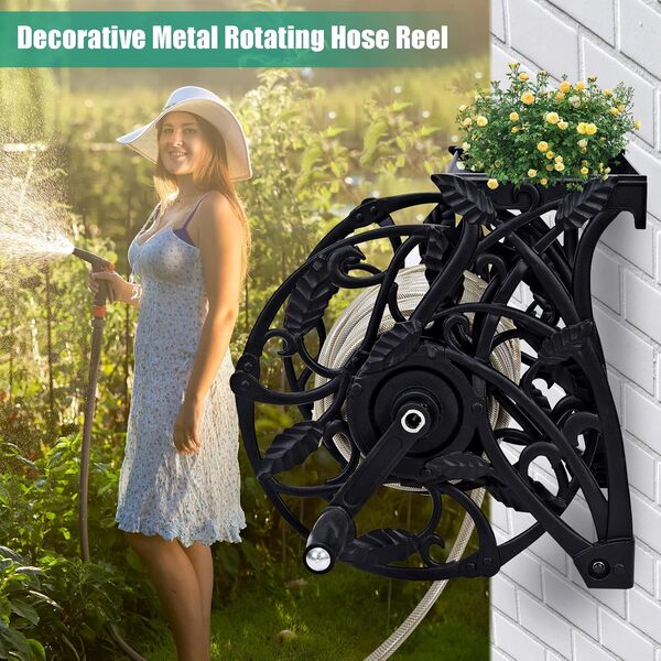 Enrouleur de Tuyau D'arrosage Fixé au Mur avec Tuyau de Guidage de 2m (6,5 pi) et étagère de Rangement, Accessoire D'outils de Jardinage Extérieur, Peut Contenir Un Tuyau de 40m (130 pi) (Non Inclus)