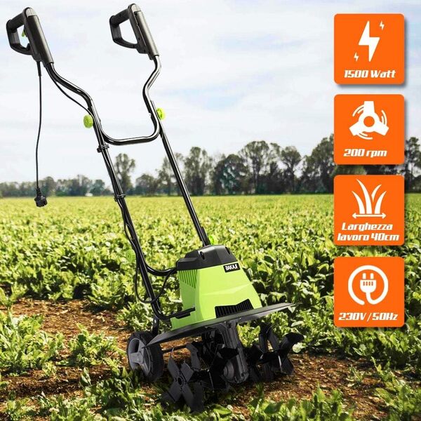 Bakaji Motoculteur pour Jardin électrogène, Puissance 1500 W, houe, Moteur électrique, 6 Lames de 20 cm, Largeur de Travail 40 cm, Vitesse 200 TR/Min avec poignée Ergonomique Culture Jardin