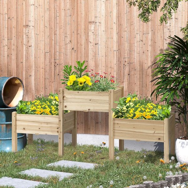 Outsunny Jardinière sur Pieds carré Potager 2 étages dim. 184L x 45l x 80H cm Inserts d'irrigation Bois Sapin pré-huilé