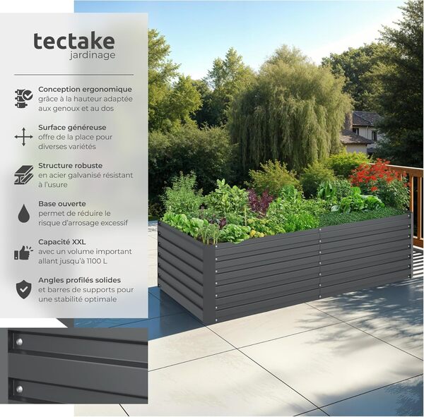 TecTake® Lit de Jardin Carré Potager de Jardin surélevé, Bac à semis Jardiniere en Acier galvanisé résistant à la Rouille Aménagement Serre de Jardin Jardiniere Exterieur Grande Taille 200x60x100cm