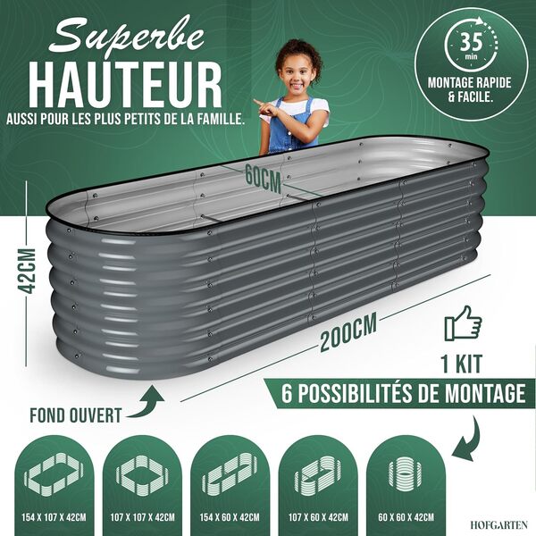 QuickGrow Potager Surélevé en Acier Galvanisé | Inoxydable | Bac Potager Exterieur | Jardinière avec Base Ouverte | 200L x 60l x 42H cm | Légumes, d'Herbes, Fleurs (Anthracite)