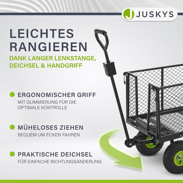 Juskys Chariot de Jardin en métal, capacité de Charge 550 kg - Charrette sur pneus, avec bâche et Gants - Chariot de Transport Pliable et Rabattable - Chariot de Jardinage