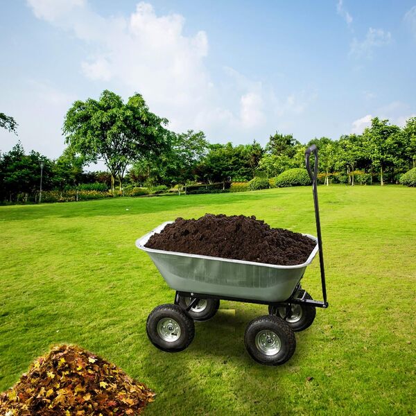 Chariot de Jardin à Main 75L - Remorque Brouette 4 Roues Gonflables Ø 260 mm - Benne Basculante - Capacité de Charge Max 250 KG - Long Manche - 86 x 60,5 CM - Métal Galvanisé
