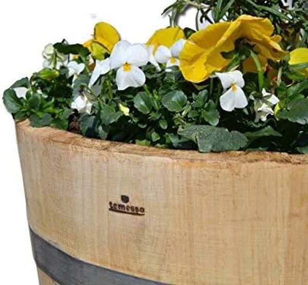 Demi tonneau de châtaignier - comme bac à Fleurs, Pot de Fleurs, jardinière - en Bois Massif de Marronnier - avec poignées en Corde (D60 H40 Naturel + poignées en Corde)