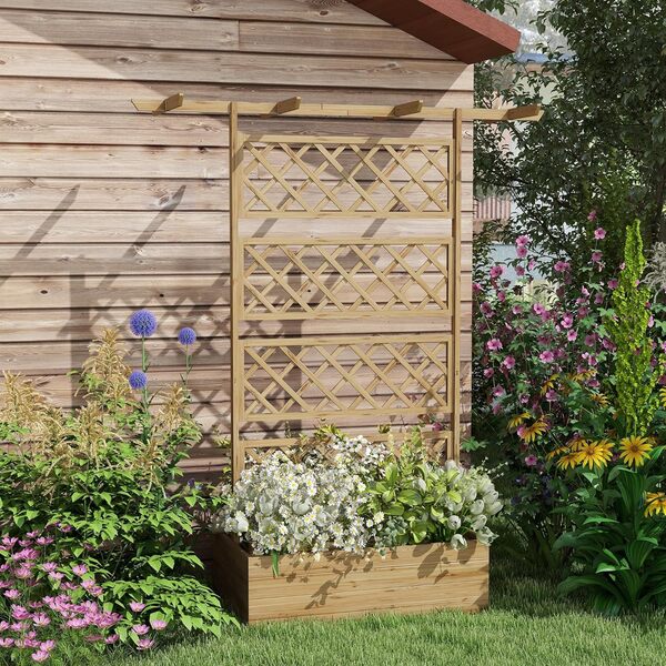 Outsunny Jardinière avec Treillis bac à Fleurs Potager sur Pied en Bois pour Plantes grimpantes, légumes, Fleurs - en Bois 160 x 55 x 183 cm Effet Bois Naturel