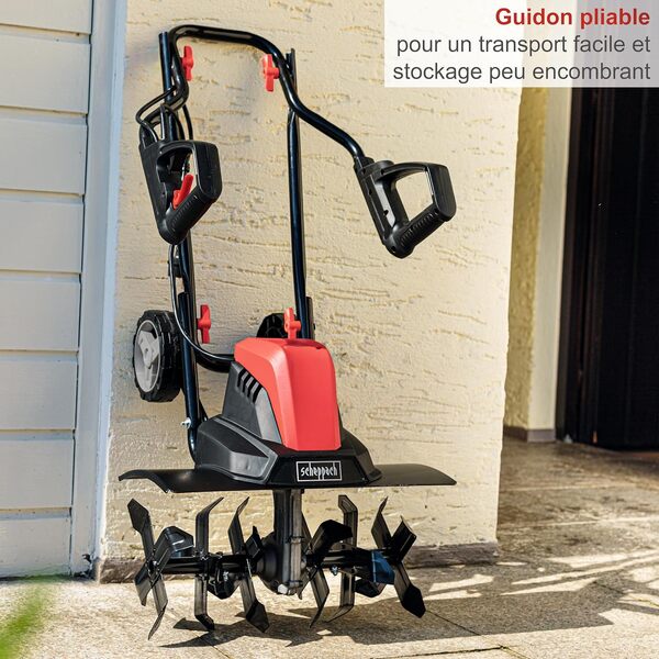 Scheppach Motobineuse électrique MTE460 | 1500W | 450mm de Largeur & 220mm de Profondeur de Travail | Equipée de 24 Couteaux | Nécessite Peu d'entretien | Guidon Repliable | Idéal pour Potager