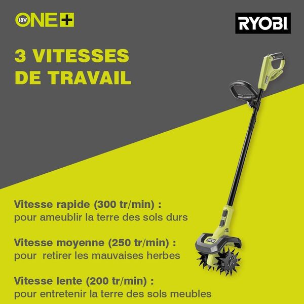 RYOBI - Bineuse 18V - Largeur Travail 20 cm - Prof. Travail 10 cm - 4 Fraises - 3 Vitesses de Rotation - Tube télescopique - Vendue sans Batterie ni Chargeur - RY18CVA-0