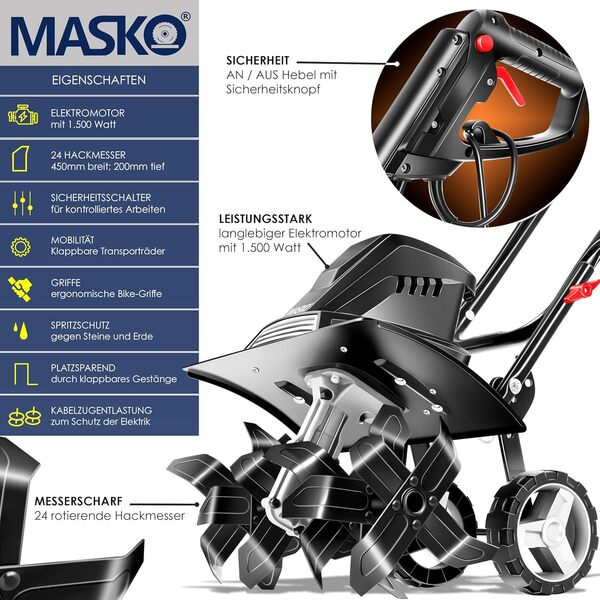 MASKO® Motobineuse électrique 1500 Watts | 45cm de Largeur de Travail, 20cm de Profondeur de Travail | Bineuse | Motoculteur à Fraise | Cultivateur | Fraiseuse de Jardin | Bineuse électrique, Noir