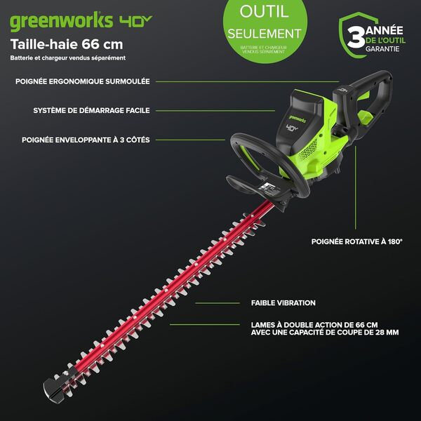 Greenworks Taille-haie sans Fil 66cm Lame à Double Action, Moteur Brushless Coupe jusqu'à 28 mm d'Épaisseur, 3400 SPM sans Batterie 40V et Chargeur GD40HT66
