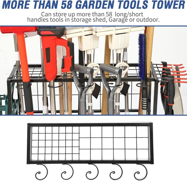 Organiseur d'outils de jardin pour garage, porte-outils de jardin, jusqu'à 58 outils à long manche, support d'outils de cour pour garage, abri de jardin, extérieur, support à outils, noir