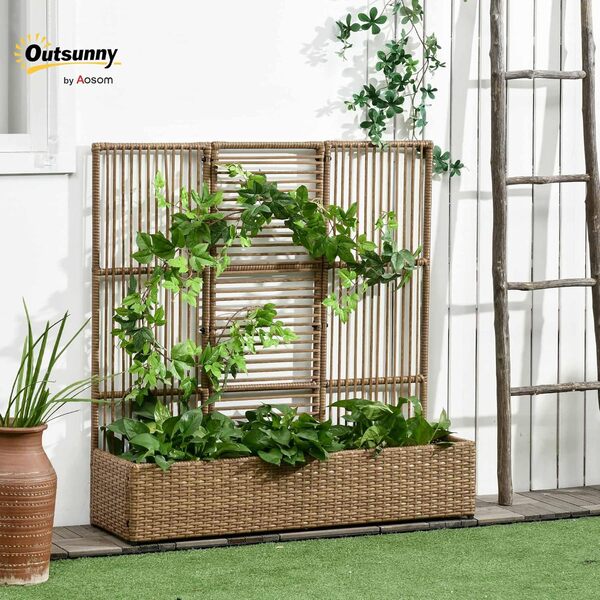 Outsunny Jardinière avec Treillis jardinière sur Pied Support pour Plantes avec Treillis bac à Fleurs rectangulaire en résine tressée PE et Acier dim. 103L x 29l x 103H cm Marron