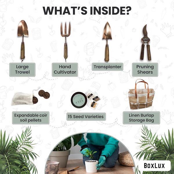 BoxLux Coffret cadeau d'outils de jardinage de qualité supérieure, 7 pièces, outils à main, acier plaqué cuivre robuste, graines végétales, disques extensibles en fibre de coco, sac à main, cadeau