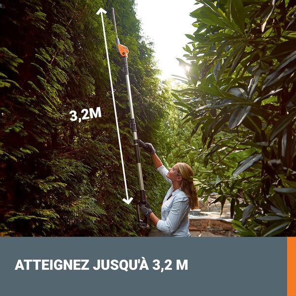 WORX 18V (20V Max) Taille Haie Télescopique sans Fil WG252E Taille-haie Lame de 45 cm ⌀16 mm PowerShare Coupe avec Longue Manche 1,8-3,2m Tête de Scie sur Perche