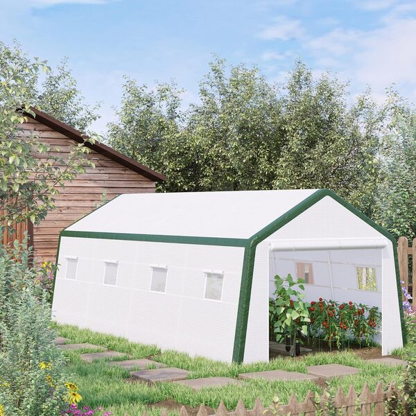 Outsunny Serre de Jardin avec Porte Enroulable et 8 fenêtres, Serre de Jardin à Tunnel avec Couvercle en PE et Structure en Acier, 6 x 3 x 2,4 m