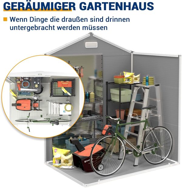 UDPATIO Abri de Jardin en Résine 12mm 183x137x210cm - Cabane de Jardin Extérieur avec Toit Incliné Anti-Pluie, Porte Verrouillable pour Rangement Outils/Vélo (Gris)