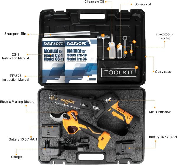 SWANSOFT PRU36 Sécateur électrique et tronçonneuse à batterie de 6 pi avec 2 batteries de 4 Ah, kit 2 en 1, outils d'élagage de qualité professionnelle pour vignobles, vergers