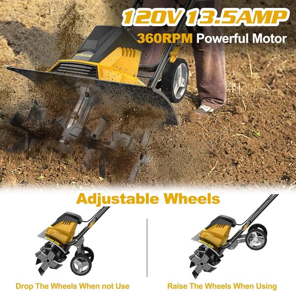 EVEAGE Motoculteur électrique pour jardin, 45,7 cm, motoculteur électrique, 13,5 A, outil de jardin, profondeur de labour de 10,2 à 20,3 cm, poignée pliable