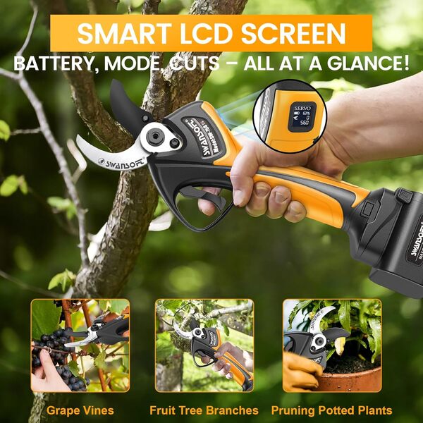 SWANSOFT Sécateur Électrique Sans Fil 40mm, [Mise à Jour Progressive+],21V Secateur a Batterie de Jardin 1050W, avec Batteries 4000mAh x2, Professionnelles pour verger, Écran LCD(Jaune)