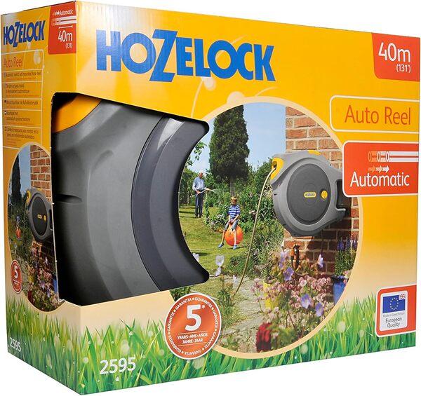 HOZELOCK - Exclusivité Amazon : bobine automatique de 40 m avec super-tuyau gratuit de 7,5 m : facile à installer, verrouillage enfant, rembobinage automatique, prêt à l'emploi, tuyau extensible