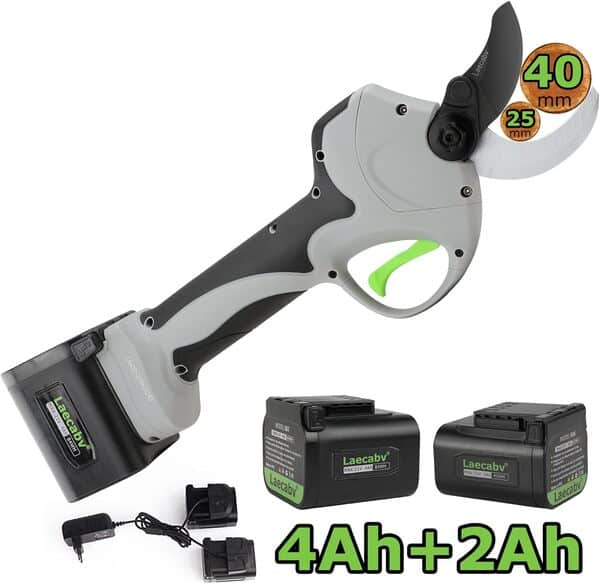 Laecabv Sécateur électrique 40 mm avec batterie 4,0 Ah + 2,0 Ah, avec câble d'extension pour olivier, vignoble et jardin (LA40S1GYBK)