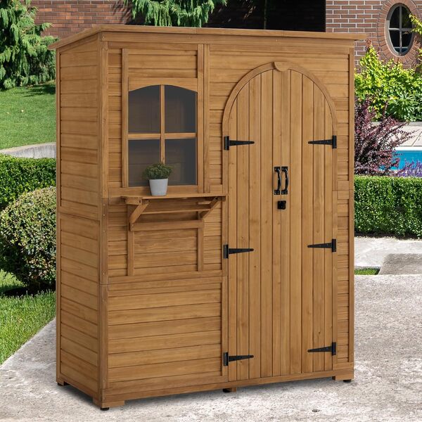 M MCombo Armoire de Jardin Armoire à Outils en Bois résistante aux intempéries, abri de Jardin Outdoor étanche praticable, pour l'extérieur Balcon terrasse, 3 réglable 73×144×185 cm (Nature)
