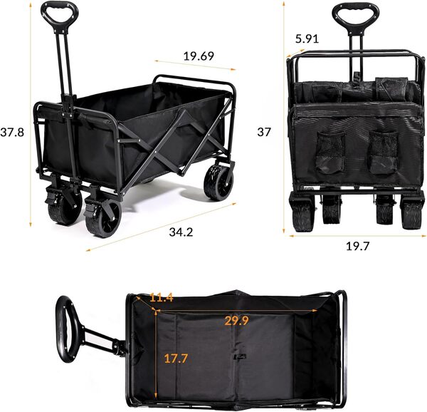 welsteepse Chariot de jardin pliable et robuste pour le sport, le camping, le jardin et le shopping, noir