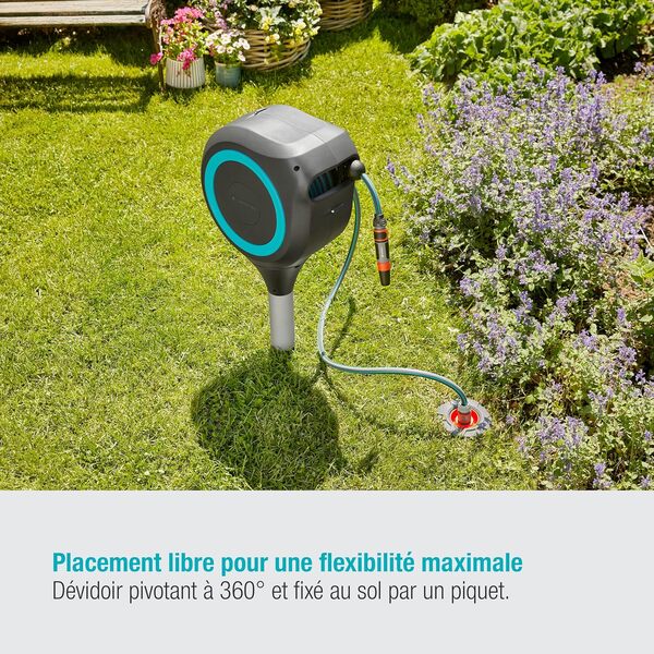 Gardena Coffre de tuyau de jardin RollUp S (turquoise) 15 m: Coffre à tuyau pivotant, guide tuyau intégré, avec tuyau de qualité Gardena de 15 m, piquet de terre et aide au montage (18604-20)