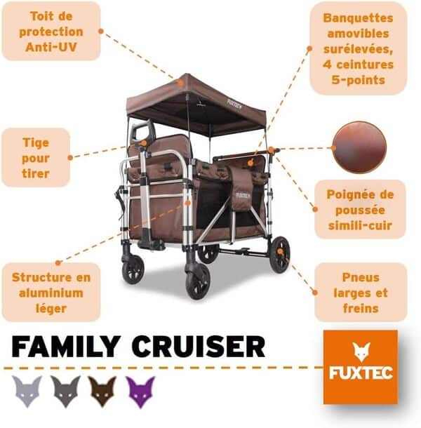Fuxtec Chariot Family Cruiser Marron, L'Original, Chariot de Jardin Pliable, Homologué EN-1888, 4 Enfants, Banquette Amovible, Transport, Plage, Forêt, à Tirer ou à Pousser