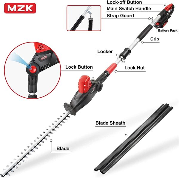 MZK ET1611-2 – Taille-haie sans fil de 56,9 cm, portée de 2,4 m, taille-haie électrique avec perche d'extension, multi-angle (batterie et chargeur inclus), 20 V MAX