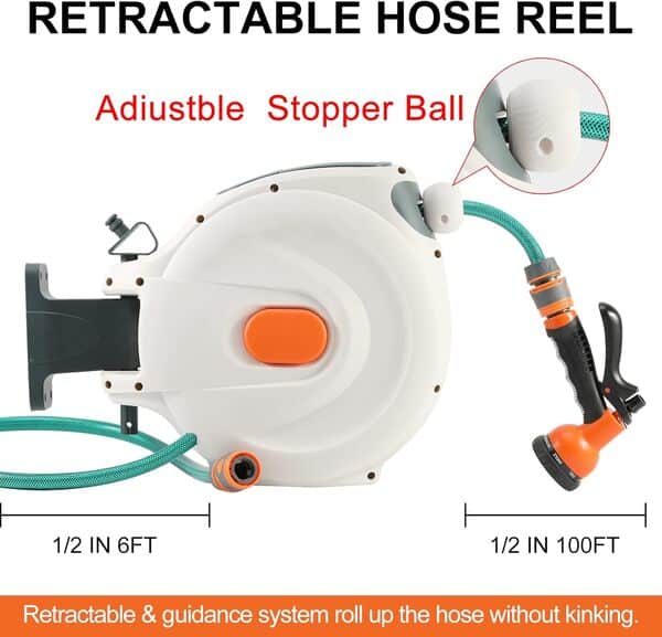 Himix Enrouleur de tuyau d'arrosage rétractable – Enrouleur mural de 1,27 cm x 15,2 m avec raccord en laiton de 1,9 cm et buse de pulvérisation multifonction – Verrouillage de n'importe quelle