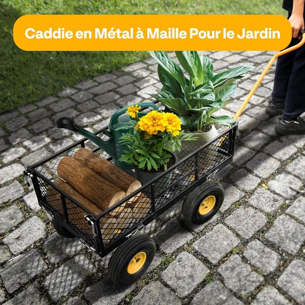 VIVOHOME Chariot de Jardin Robuste et Convertible Capacité de Charge 400kg Chariot de Transport avec Grilles Métalliques et Bâche Intérieure Poignée Rotative pour Jardin Camping Festival