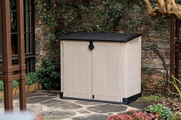 Keter Store-It Out Midi - Hangar de rangement de jardin en plastique pour l'extérieur, beige et brun, 130 x 74 x 21 cm