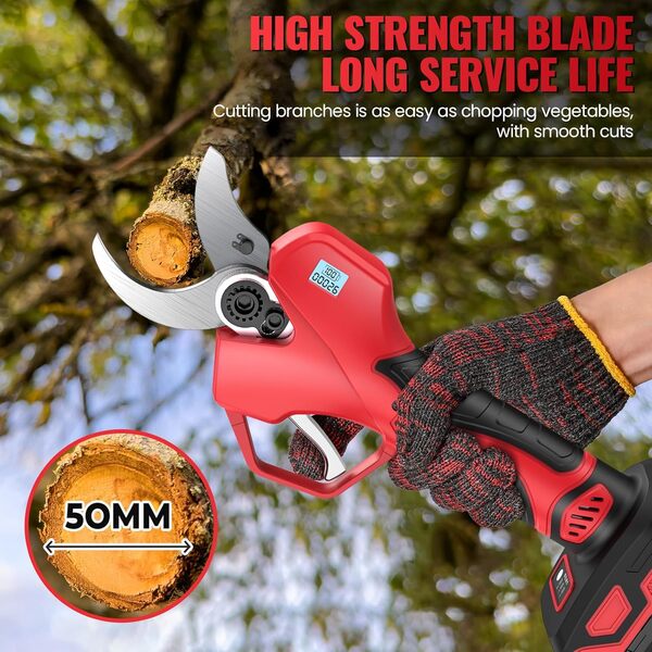 Sécateur Électrique sans Fil, 50mm Secateur Electrique avec 2 Batteries, Moteur sans Balais, Affichage Numérique LED Puissance, Serrure de Sécurité, Coupe Branche Electrique pour Jardins