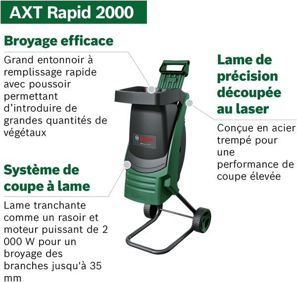 Bosch AXT Rapid 2000 Broyeur de végétaux (pour un broyage puissant des débris de jardin ; moteur puissant de 2000 W)