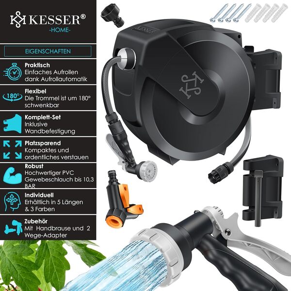 KESSER® Enrouleur de tuyau d'arrosage mural automatique 35 m - Noir