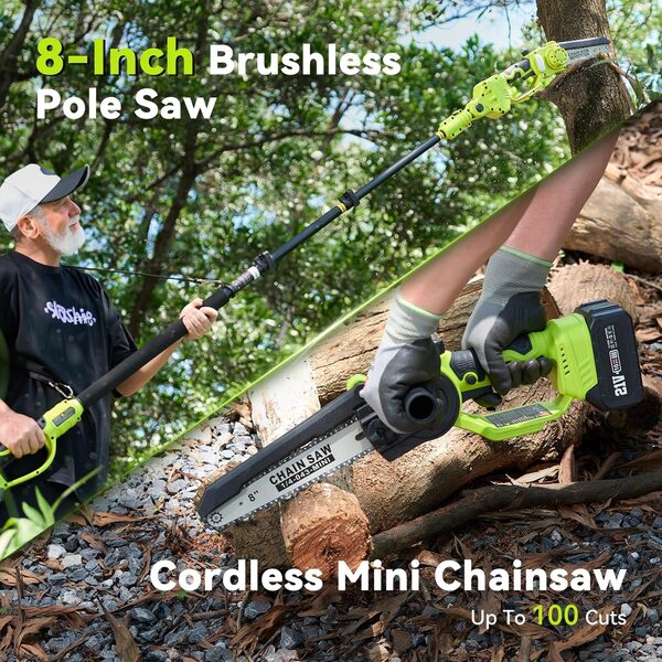 Supstable 2 en 1 Elagueuse sur Perche 8 Pouces & Mini Tronconneuse a Batterie 8000 mAh, Portée maximale 4,8 mètres, Moteur Brushless 800W, Tronçonneuse Télescopique pour Branches et Jardin