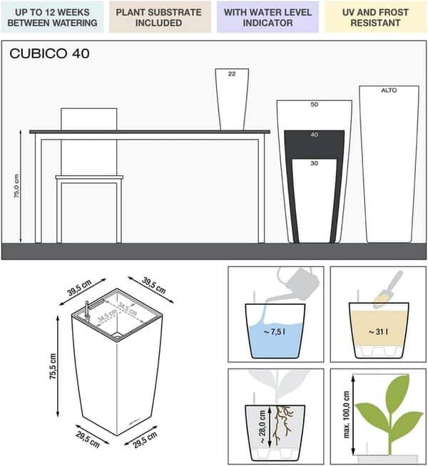 Lechuza – Pot de Fleurs d'Interieur – Premium Cubico – Réserve d'Eau Intégrée – Coloris Argent – 40 x 40 x 75 cm