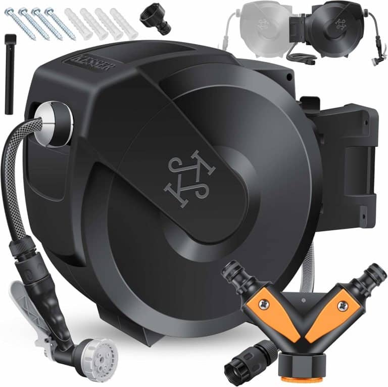 GRIFEMA Enrouleur Tuyau Arrosage Mural 35 M + 2 M – Auto-Rembobinage 180° – Avec Pistolet & Raccords – Robuste & Pratique