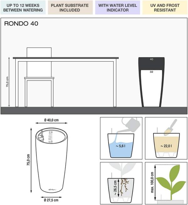Lechuza – Pot de Fleurs d'Interieur – Premium Rondo – Réserve d'Eau Intégrée – Coloris Rouge Scarlet – Ø 40 x 75 cm