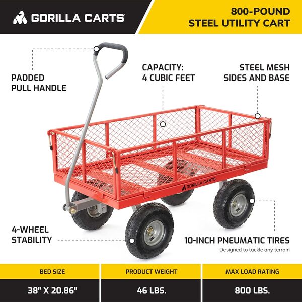 Gorilla Carts Chariot Utilitaire en Acier avec côtés Amovibles – Chariot de Jardin Robuste avec capacité de 362,9 kg, Cadre en Acier Durable, pneus pneumatiques, Panneaux Amovibles – Rouge