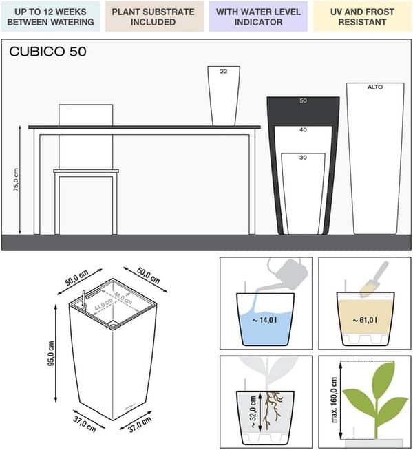 Lechuza – Pot de Fleurs d'Interieur – Premium Cubico – Réserve d'Eau Intégrée – Coloris Blanc – 50 x 50 x 95 cm