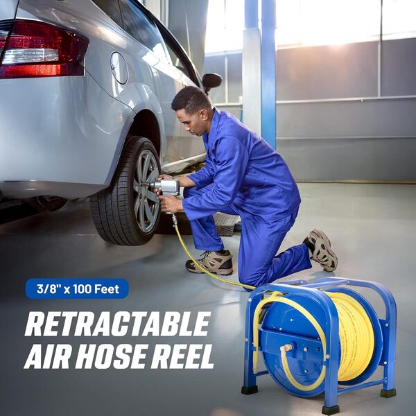 Goodyear Tuyau arrosage avec enrouleur Heavy Duty Elite Spring Pro Driven dévidoir rétractable en Acier 9,5mm × 30m enrouleur air comprimé，Avec 2 Ans de Garantie