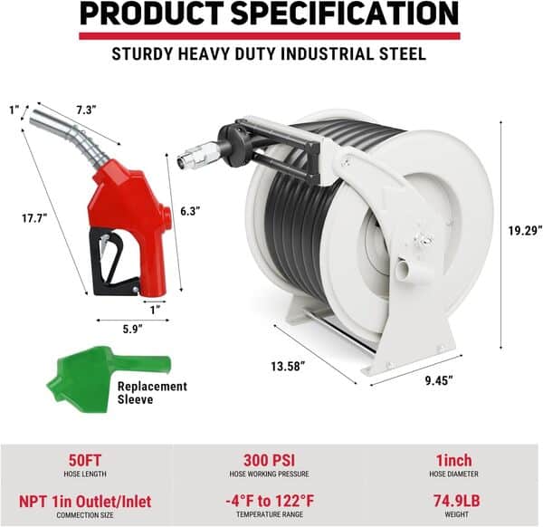 Enrouleur de tuyau de carburant rétractable 25 mm x 15m avec embout de réservoir Enrouleur de tuyau diesel 300PSI en acier pour réservoir de ferme, de bateau ou de véhicule