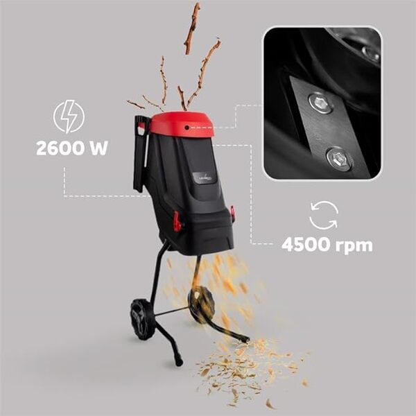 LEHMANN Broyeur de Végétaux, Épaisseur de Coupe max. 45 mm, Panier 45L, Lame en Acier au Carbone SK5, Silencieux, Kit d'Accessoires de Jardin – Sécateur et Lunettes de Protection