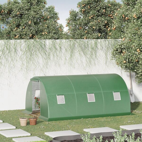 Outsunny Serre de Jardin Tunnel 13,5 m² dim. 4,5L x 3l x 2H m - 6 fenêtres, Porte zippée Enroulable - châssis Tubulaire Acier galvanisé, bâche PE Haute densité Vert