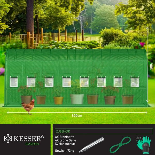 KESSER® Serre en film stable 16 fenêtres moustiquaire porte tunnel de jardin cadre en acier galvanisé film 170 g/m² piquets d'ancrage gants cordes